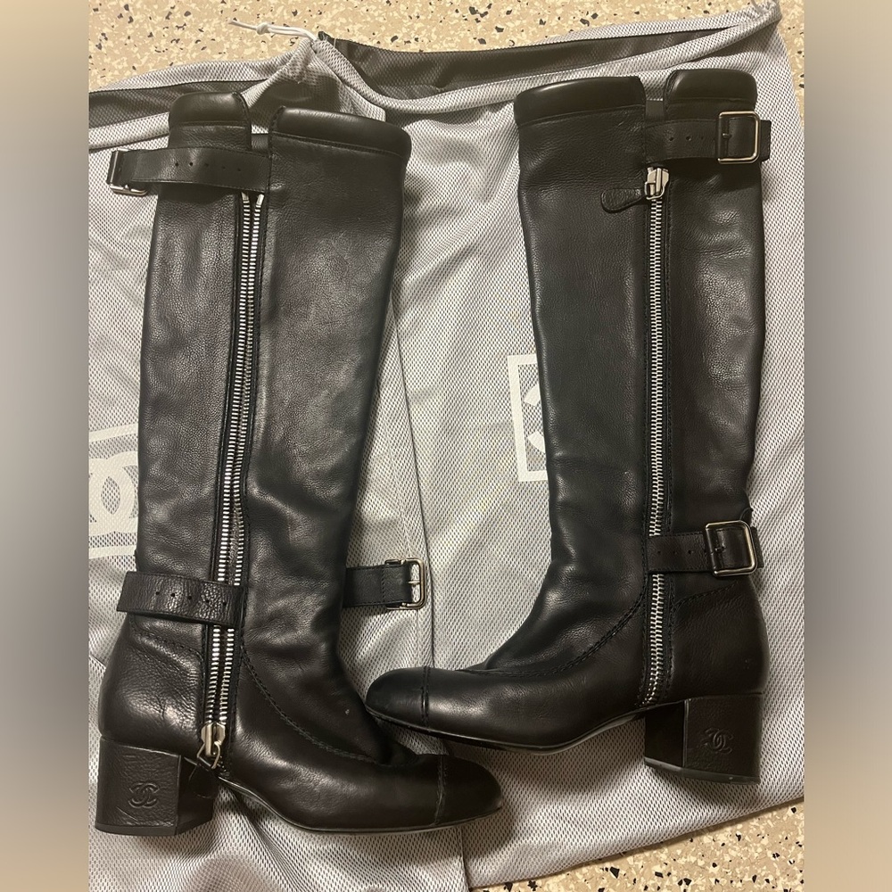 CHANEL Black Leather Tall Boots with Silver Accents